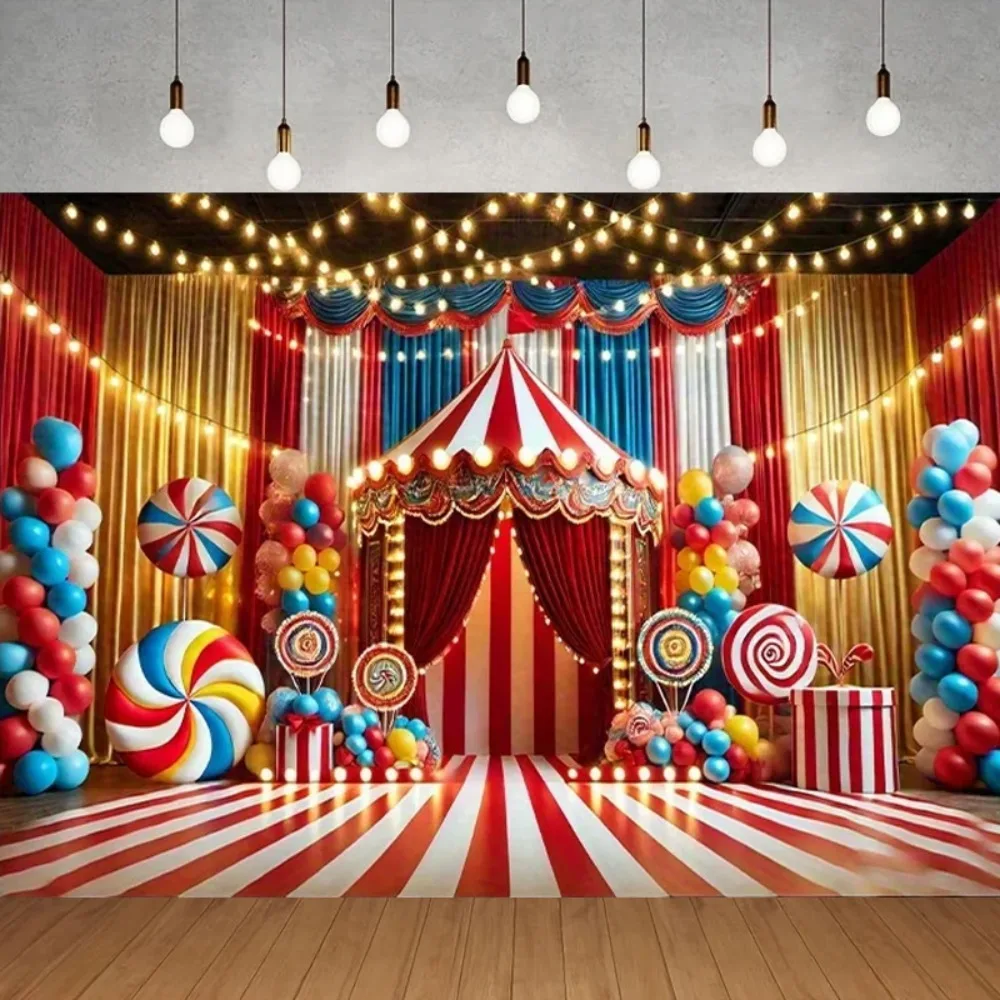 Zirkuszelt-Luftballons und Schießhintergrund mit Süßigkeiten-Motiv, Familientreffen, Party-Dekoration, Fotostudio-Hintergrund-Requisiten
