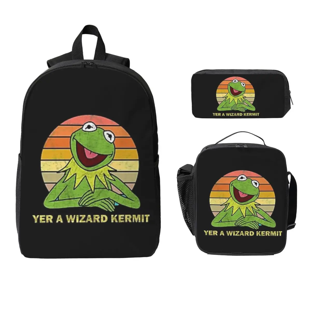 

Рюкзак Yer A Wizard Kermit, студенческая сумка для книг для мальчиков и девочек, школьная сумка, компьютерные сумки на плечо, изолированная сумка для обеда 3 шт., пенал
