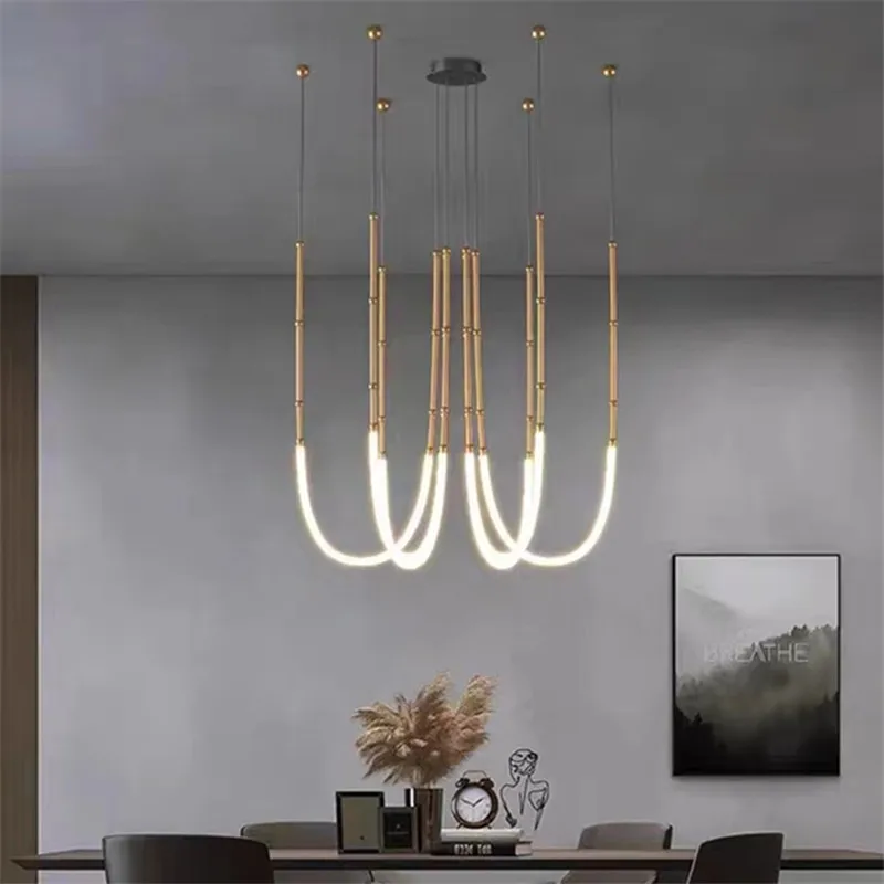 

Leda Curve Chandelier Metal Hose Black Linear Lamp For Living Room Center Table Designer Lamp Home Decor Staircase Lighting