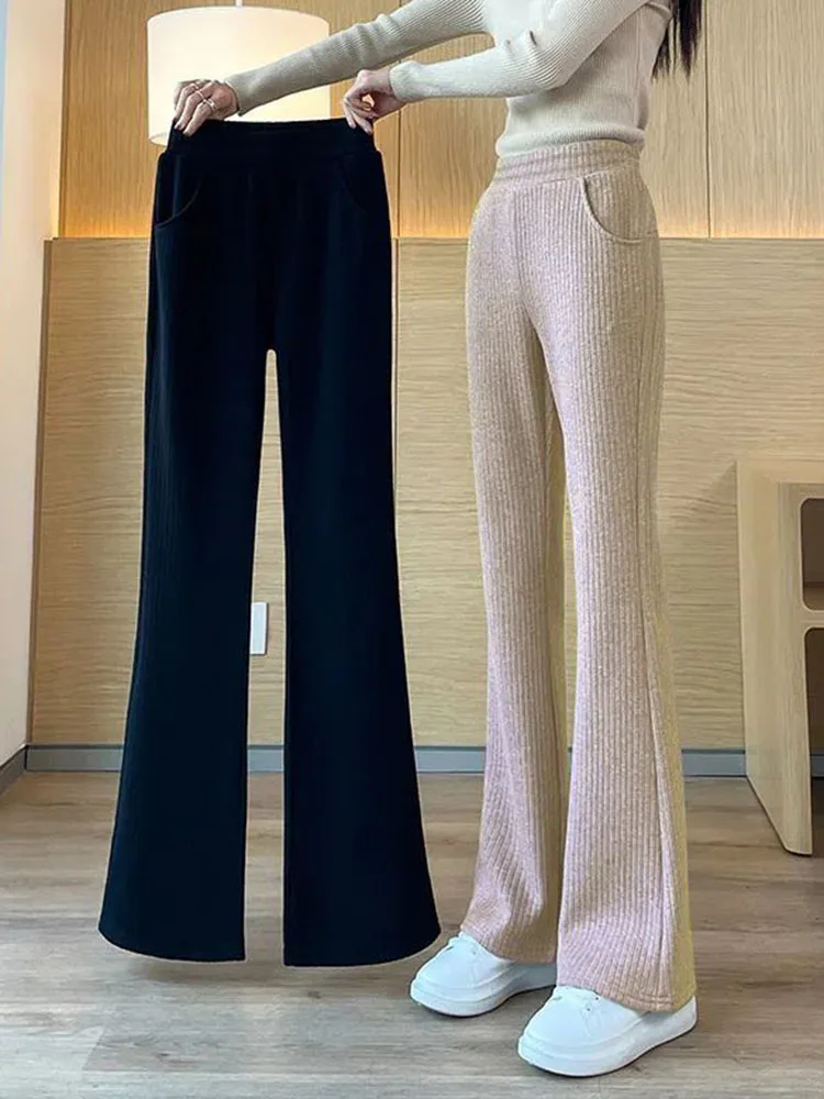 Warm  Thicken Plus Velvet Flare Pants Winter Elegant Womens Pantalones Korean Fashion High Waist Slim Plush Lined Trousers 90Cm