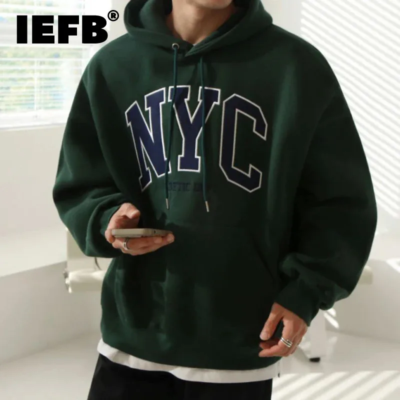 IEFB Men\'s Hooded Sweatshirt Casual Letter Embroidery Contrast Color Large Pockets Male Hoodies Tops Korean Fashion New 9C4611