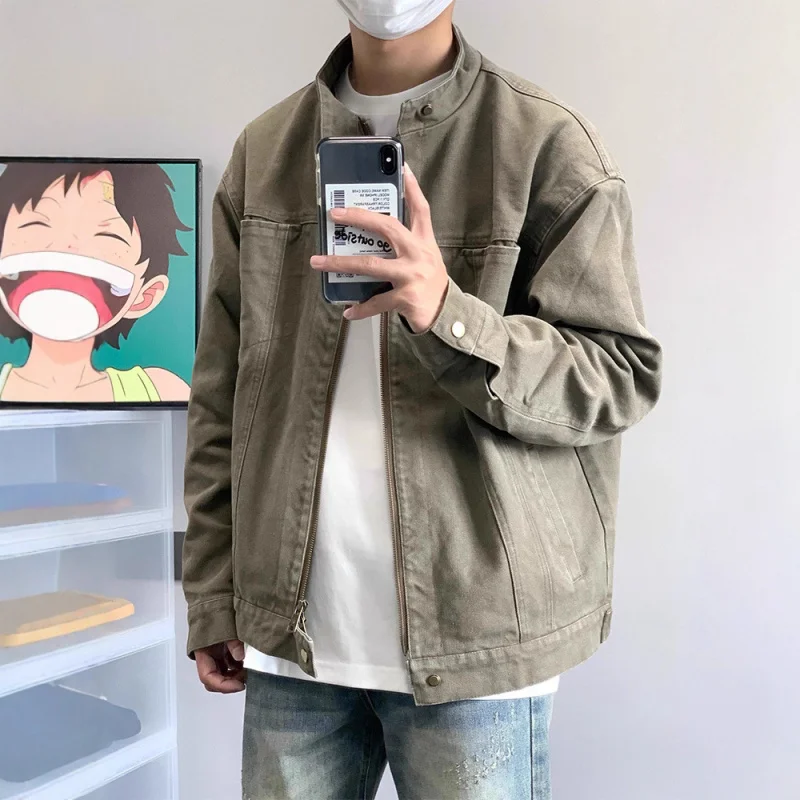 

American Retro Heavy Washed Workwear Men, Spring And Autumn Stand Collar Design Casual