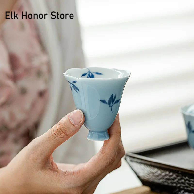 2pc/set Pure Hand Painted Butterfly Orchid Ceramic Tea Cup Sky Blue Glazed Petal Smell Fragrance Cup Master Cup Drinkware 55ml