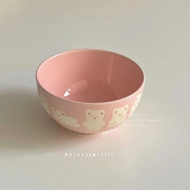 Korean Cute Pink Embossed Bear Ceramic Rice Bowl, Single Household Snack Bowl, Yogurt Breakfast Bowl, 1 Piece, 2 Colors