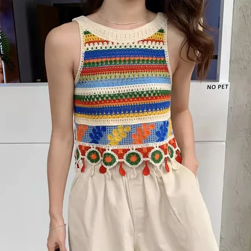 Rainbow Crochet Halter Top for Women Teen-girl Openwork Knitted Fringed Crop Tanks Camis Summer Boho Vacation Beach Outfit