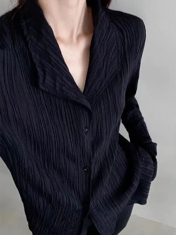 

Bla Textured Folded irt Women's Loose Midi Length Suit Collar Blouse Jaet Spring Faion French Sle Polyester Long Sl...