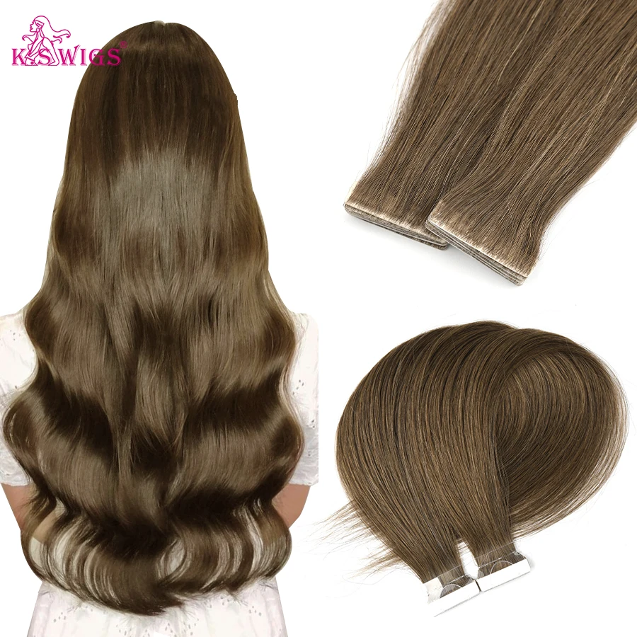 K.S WIGS-Cinta de inyección en extensiones de cabello humano, Invisible, atado a mano, trama de piel de PU, cinta virgen Ins, Color negro, cabello