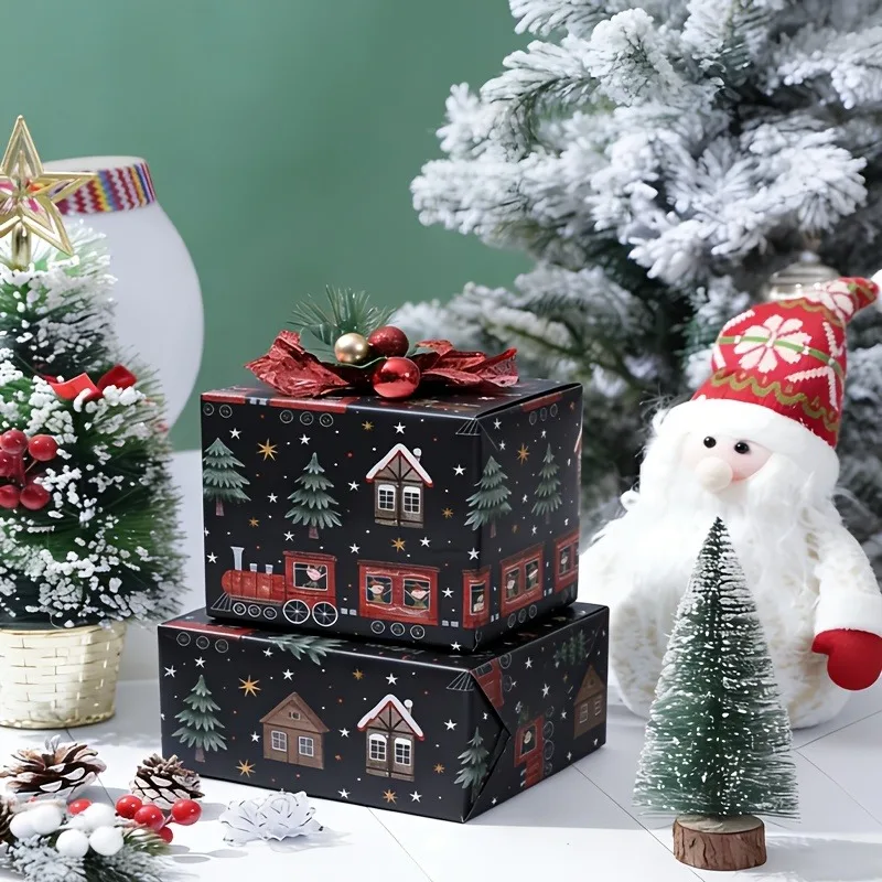 Christmas Little Train Gift Wrapping Paper, Thickened Matte Paper Roll, Xmas Tree House Pattern, Birthday Gift Handmade Paper