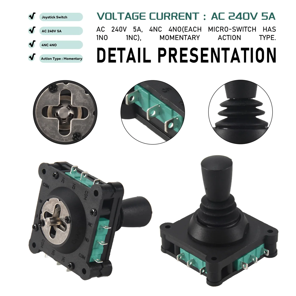 Joli à Joystick AC 240V 5A 4NO 4NC Momentané 2.5mm à Filetage Fiosphoré