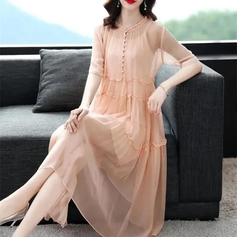 Fashion Chiffon Dress Summer Mid Length Women's Dresses Vestidos Elegant  Round Neck Loose Evening Party Korean Sundress Female - AliExpress 200000345