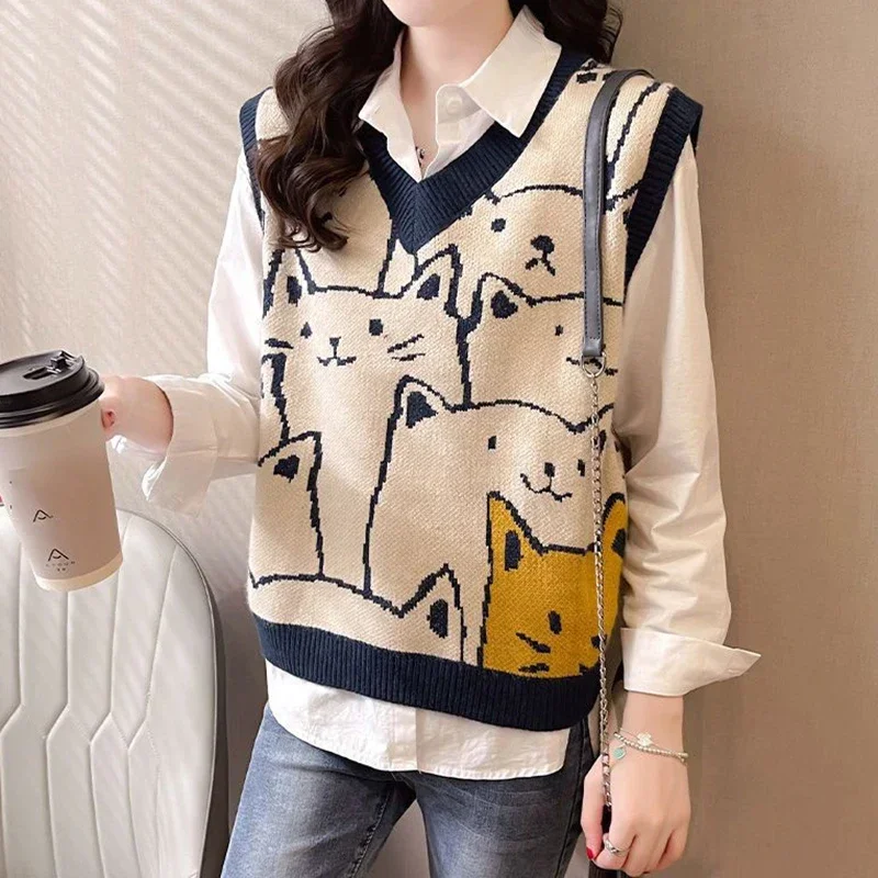 Maglione donna gilet Cat Print Pullover lavorato a maglia senza maniche con scollo a v canotta autunno inverno Top aderente allentato Streetwea