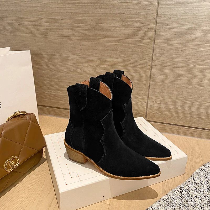 【EUNICE YUN】2025 Classic Western for Woman Cow Suede Pointed toe Wedges Heel Ankle Boots Simple Comfortable Cowboy Female 33-43