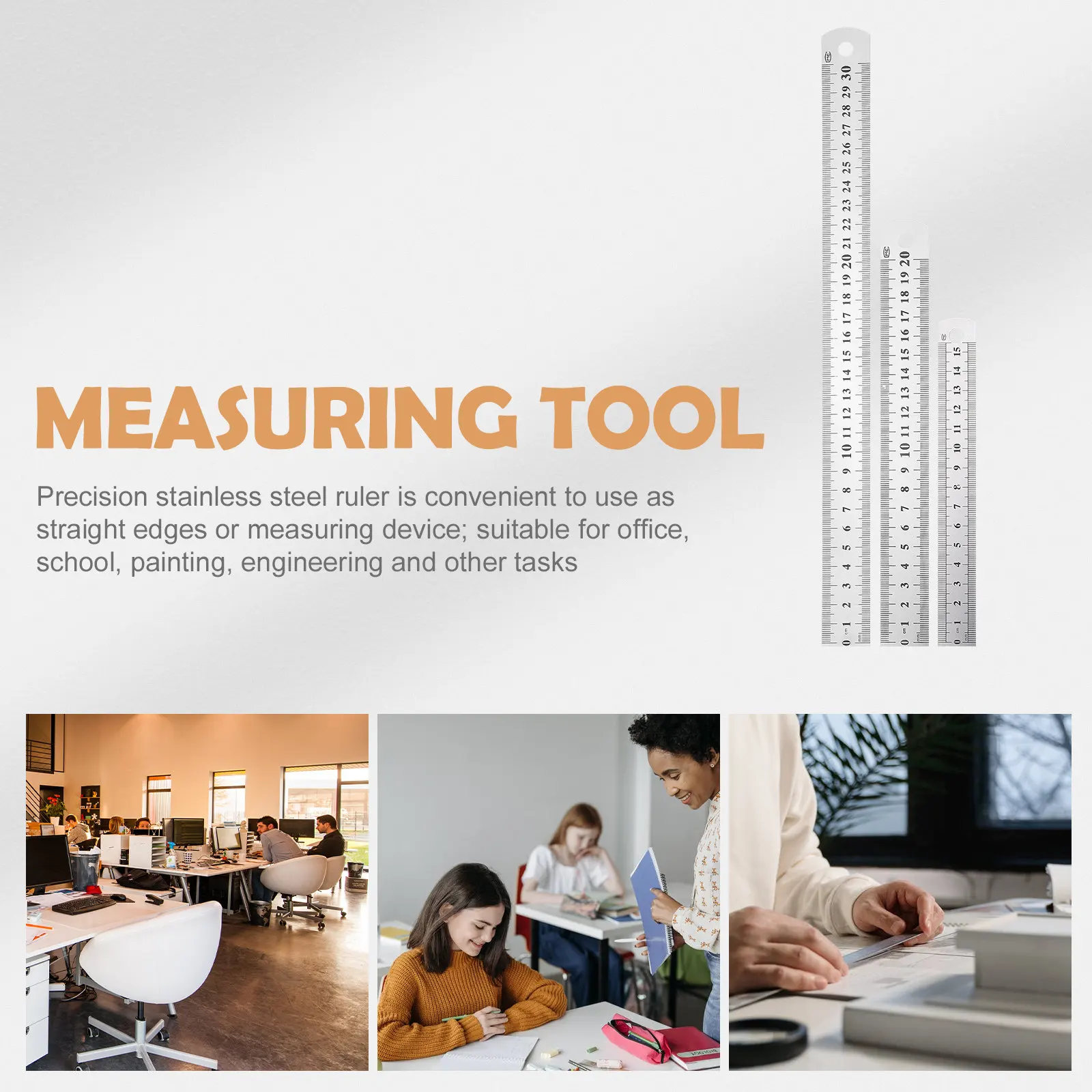 3Pcs Atmospheric Stainless Steel Measuring Ruler Double Sided Straight Edge Tool for Engineering Architecture Office Stationery