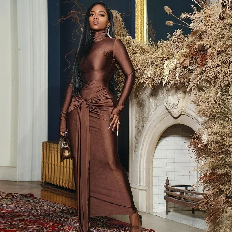

Women Full Sleeve Turtleneck Ribbon Ruched Long Maxi Dress 2025 Spring Sexy Street Slim Evening Night Club Party Dresses