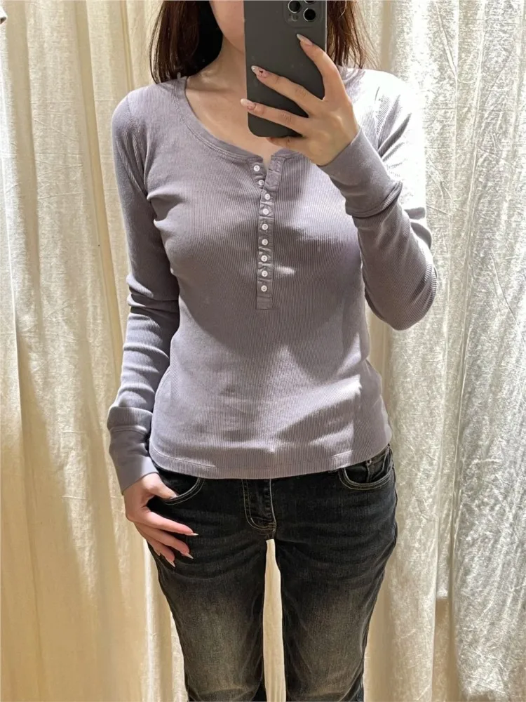 

Фиолетовые футболки с ребристыми пуговицами для женщин, весенние, хлопковые, повседневные, в стиле преппи, с длинным рукавом, шикарные, милые, простые, базовые, в стиле Y2K