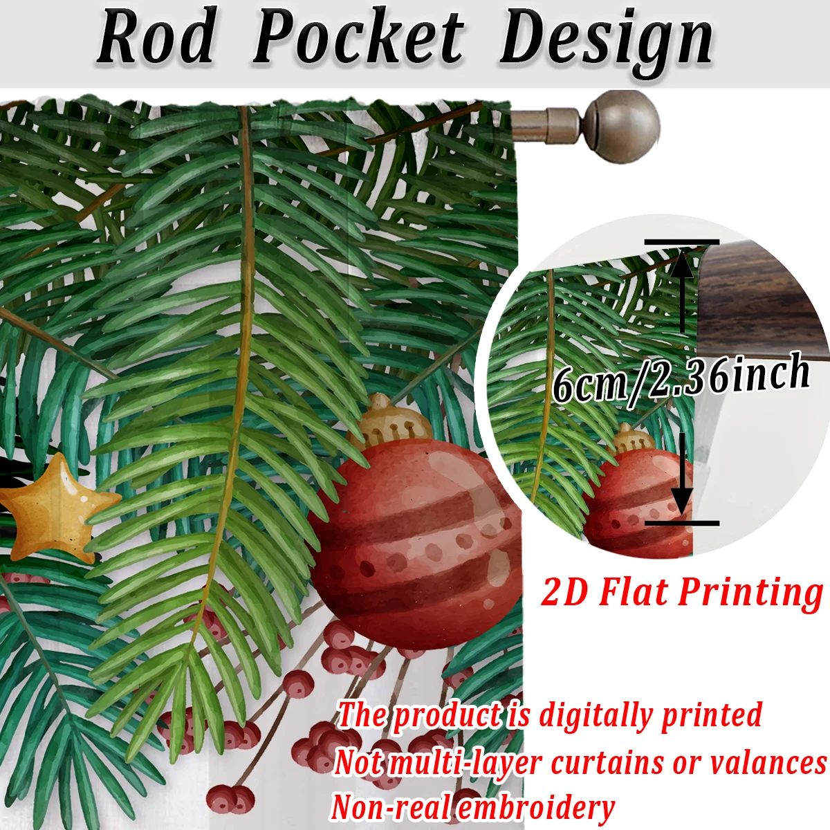 Christmas Flat Printing Sheer Curtain with Christmas Ball Berry Star Pine Branch for Living Room Bedroom Decor Holiday Party