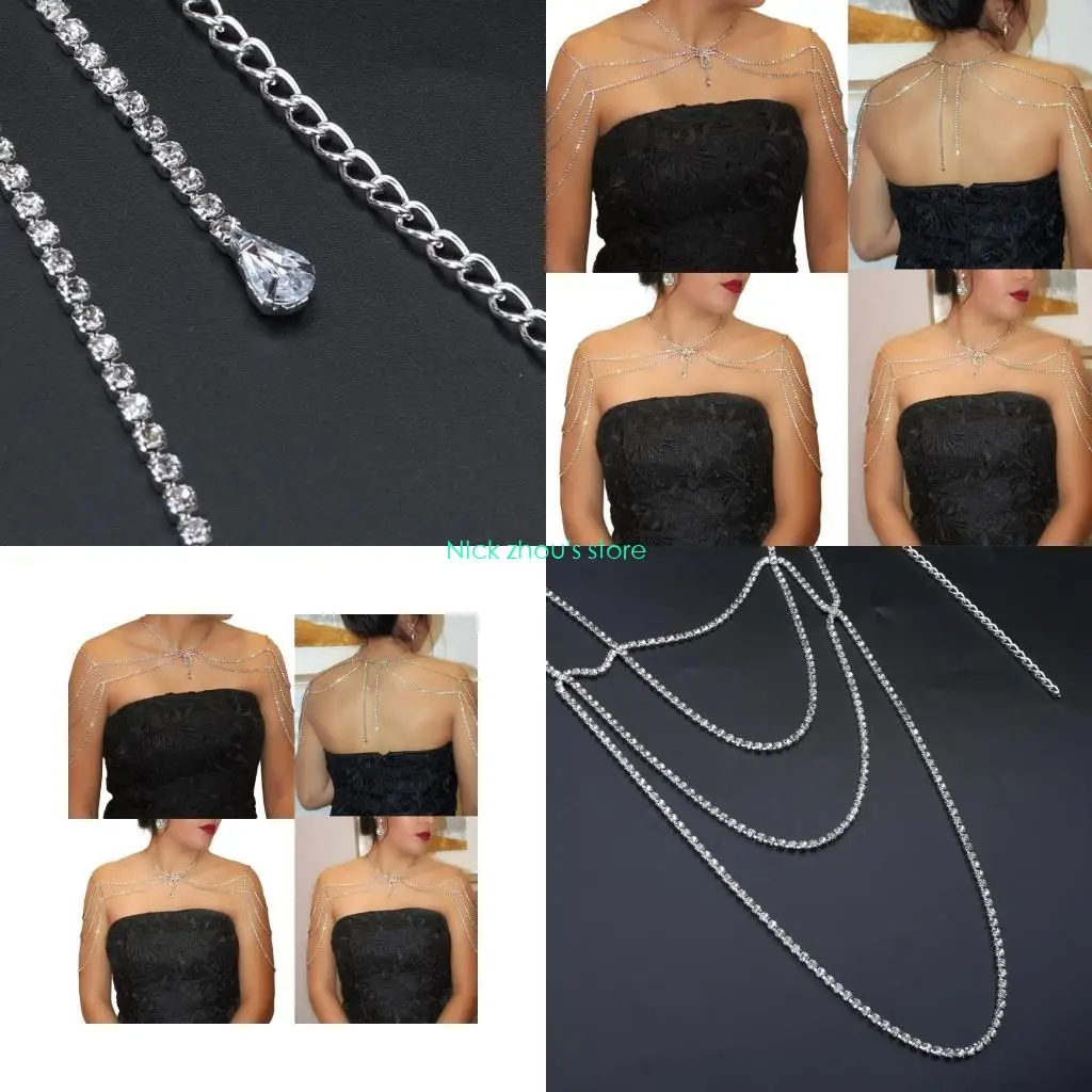 E15E سلسلة كتف شرابات متعددة الطبقات للرجال والنساء للجنسين سلسلة خلفية مع أحجار الراين قلادة مثيرة مجوهرات الحفلات المسائية #1
