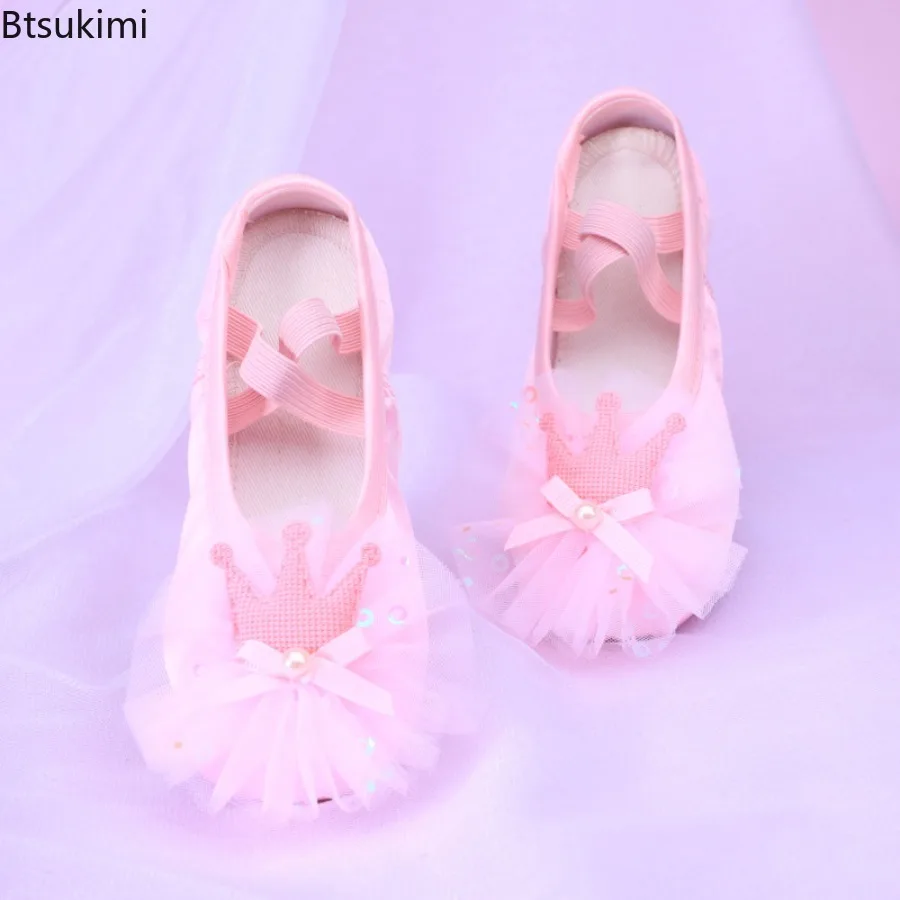 

New Satin Crown Lace Ballet Shoes Girls' Dancing Fashion Soft Sole Professional Training Shoes Yoga Body Training Cat Claw Shoes
