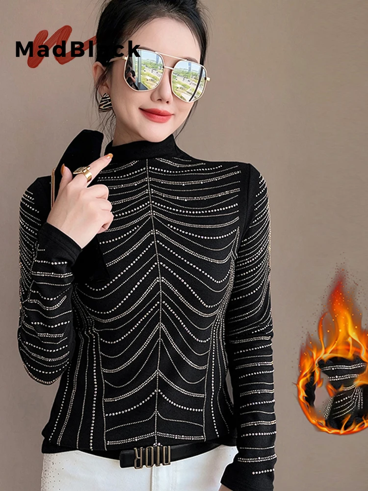 MadBlack-Women European Fleece T-Shirt, Sexy Mock Neck Diamond, Retro Long Sleeve Slim M-3XL Knit Tee, 2026 Autumn New T6O746CC