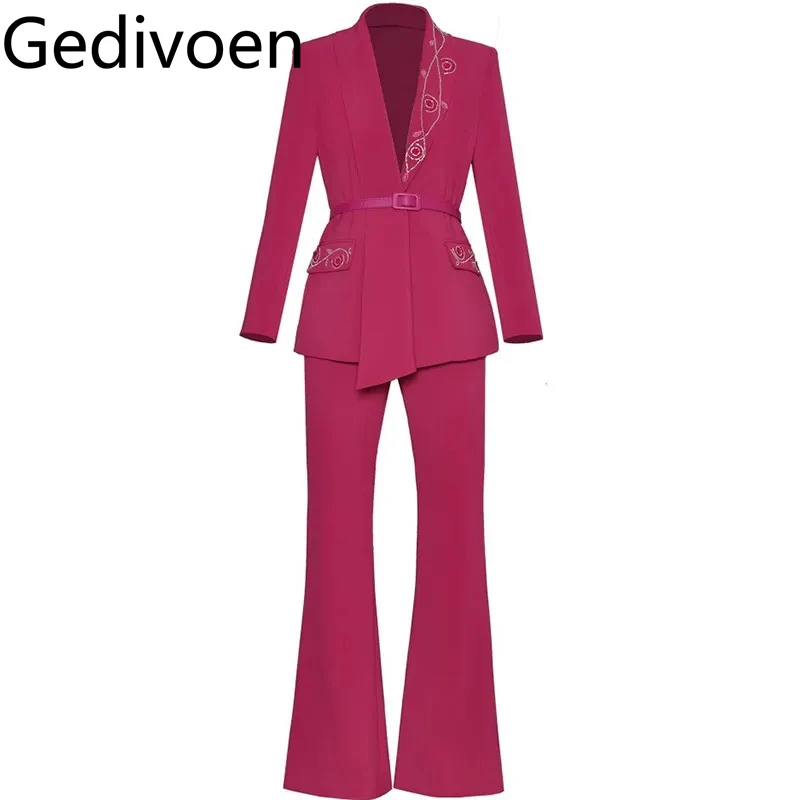 Gedivoen Autumn and Winter Women's High Street Suit Long-Sleeved Beading Striped Design Tops+Slim Flare Pantst 2 piece set