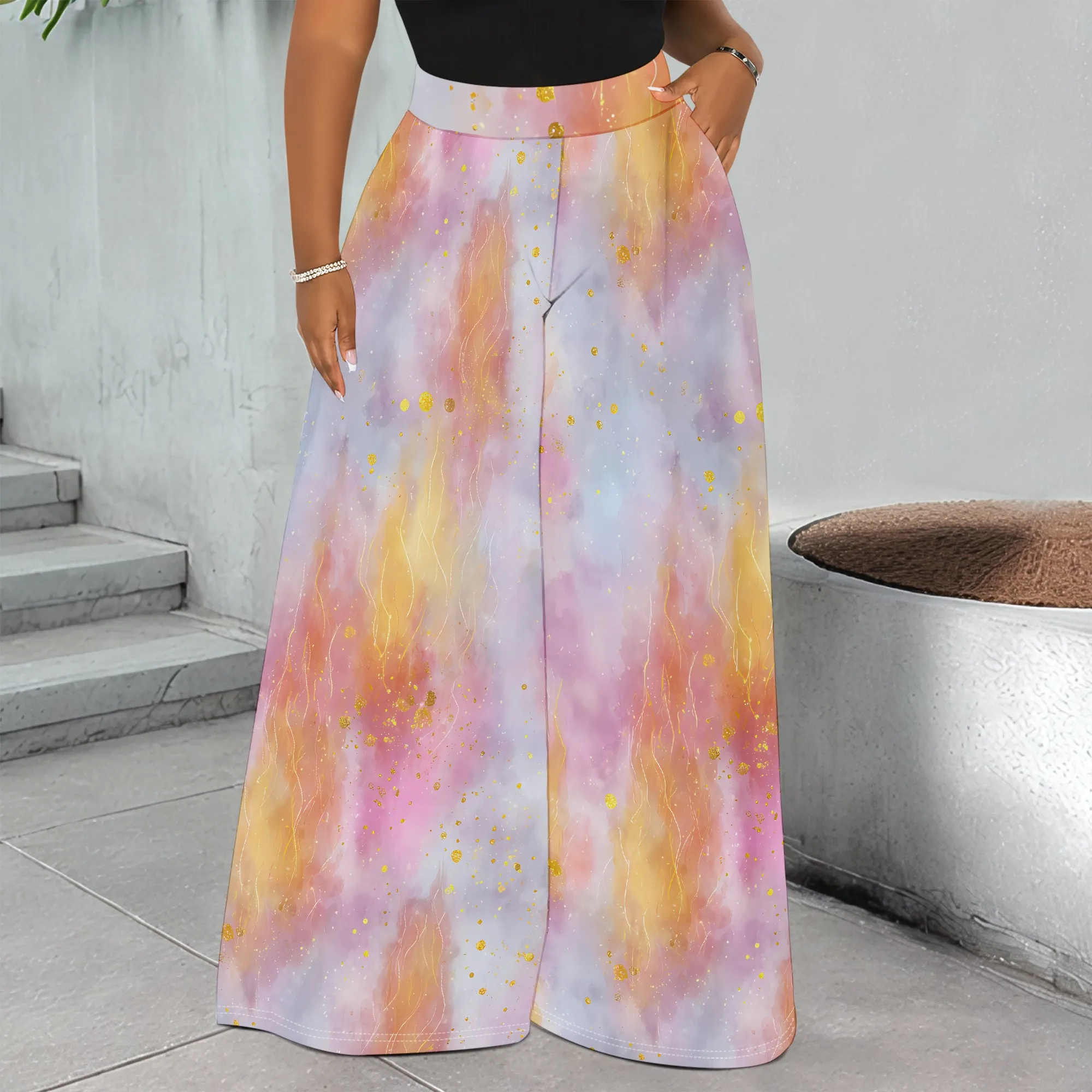 

Colorful Galaxy Print Wide Leg Pants, Pastel Nebula Trousers, Cosmic Starry Pocket Palazzo Pants for Women, S-3XL