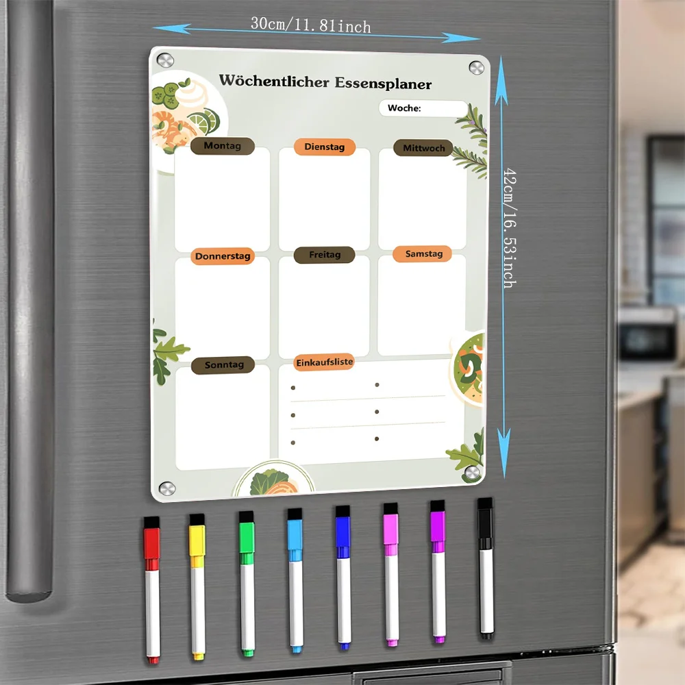 Weekly Meal Planner Magnetic Board/ 16.54x 11.81inch, Fridge Planner, Kitchen Menu,  8 Markers, Perfect for Daily Food Planning