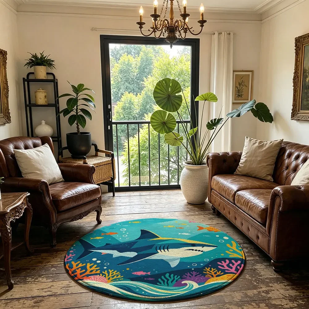 Round Floor Mat Non-Slip Washable Shark Ocean Coral Pattern Rug for Living Room Bedroom Bathroom Decor