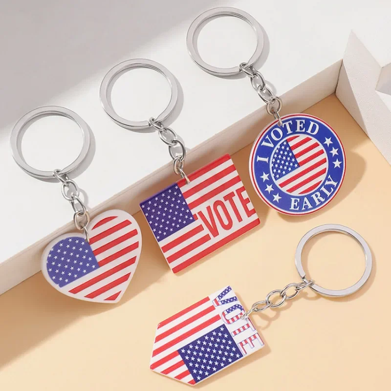 Independence Day Alloy Keychain Love Heart Flag English Letters Acrylic Pendants Key Ring Car Backpack Jewelry Accessories