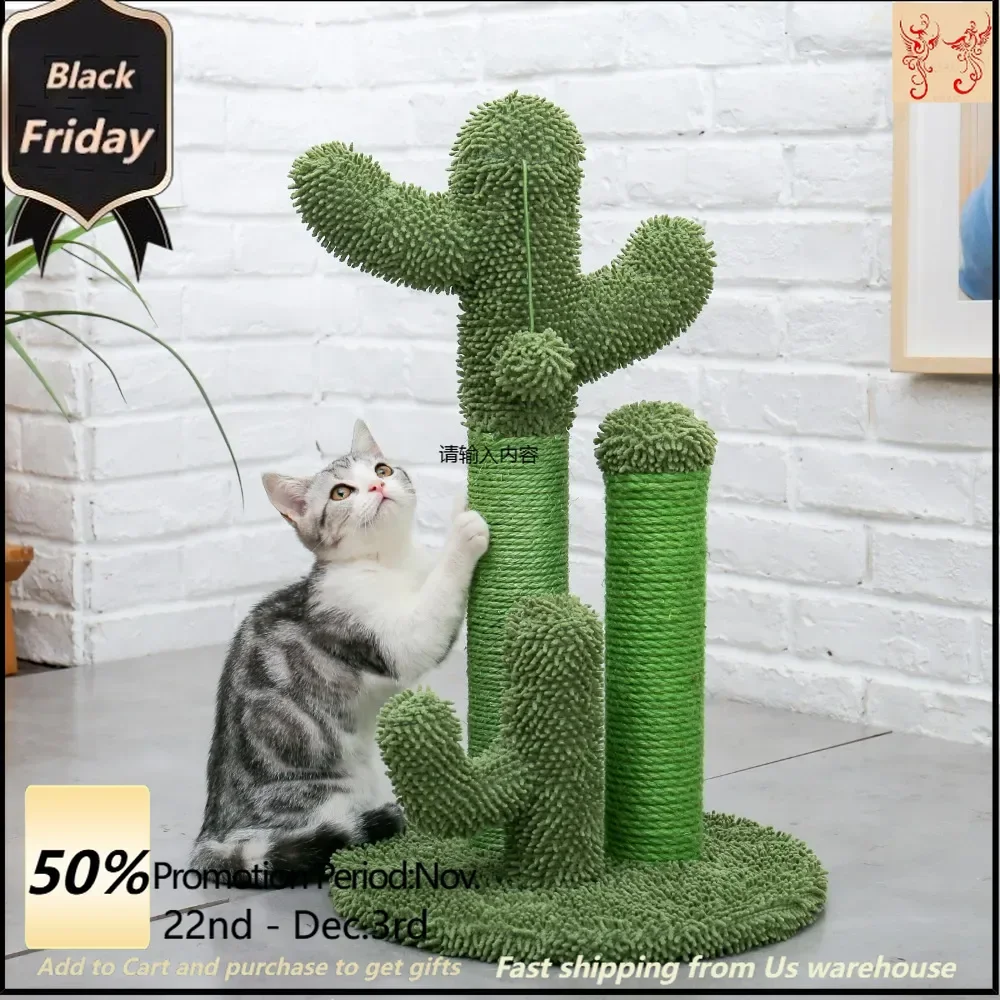 Cat Scratching Post Cactus Cat Scratcher Featuring with 3 Scratching Poles and Interactive Dangling Ball