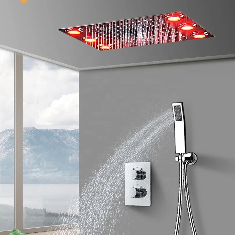 Factory price Ceiling Rainfall Remote Control Change Color LED Big Light Bath Concealed Shower Head Set