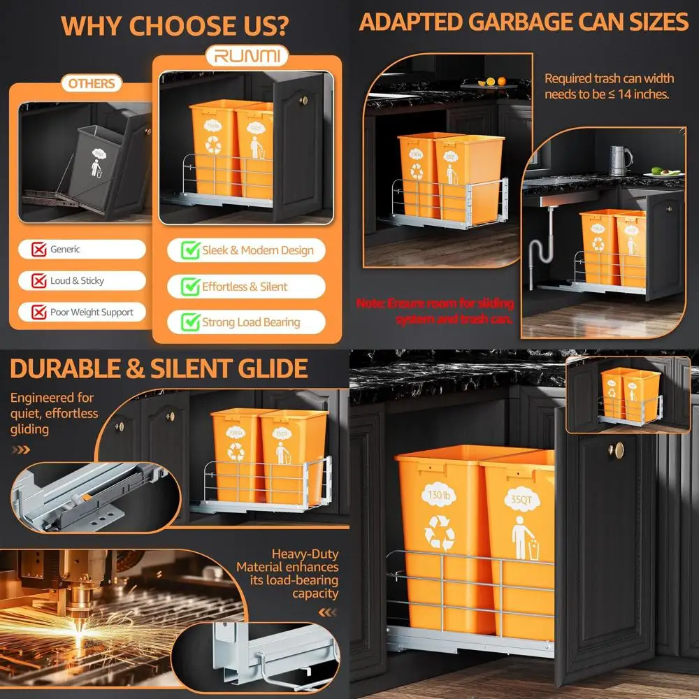 

Soft Close Double Pull-Out Trash Bin, 130LB Capacity, Fits Cabinets 16W x 23D x 12H, Door/Base Mountable