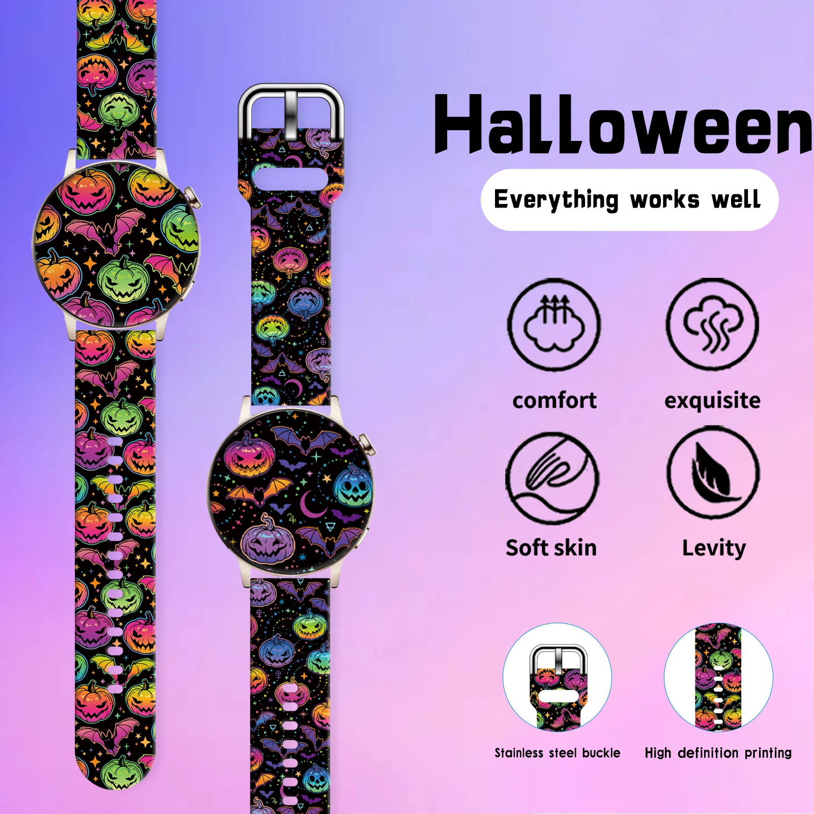 20mm Halloween Print Watch Strap for Samsung Galaxy 7/6/5 40mm 44mm Band Replaceable Bracelet 22mm for Xiaomi Amazfit WatchBand