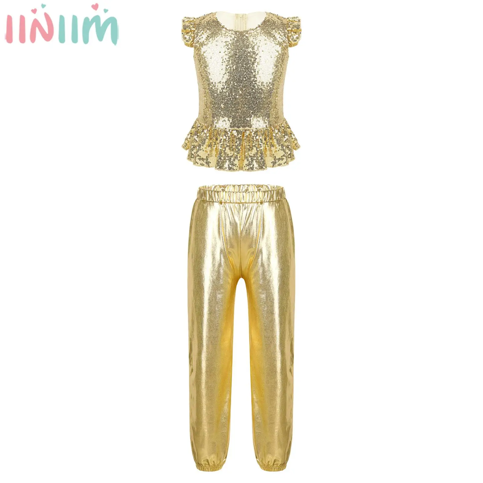 

Girls Jazz Dance Clothes Shiny Sequin Tops with Metallic Pants Carnival Party Hip Hop Street Dance Stage Performance Dancewear