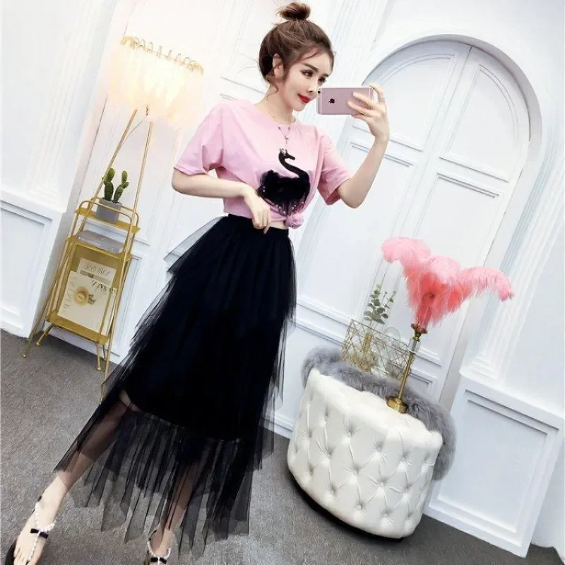 Midi Woman Outfit Skirt Kawaii Beach Commuting Short Sleeve Mature 2 Pieces Sets for Women New in The Same Matching Formal Event