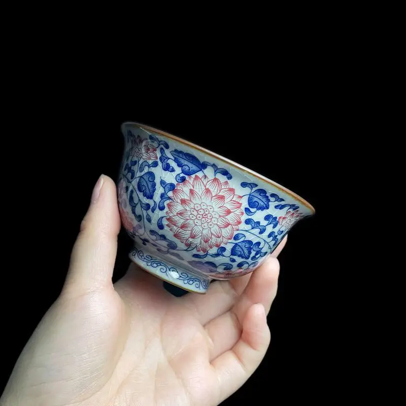 Jingdezhen-argilla de cerámica antigua, 120 ml, flores rojas esmaltadas en azul y blanco, tazas de té de Kung Fu, tazas especiales personales para propietarios