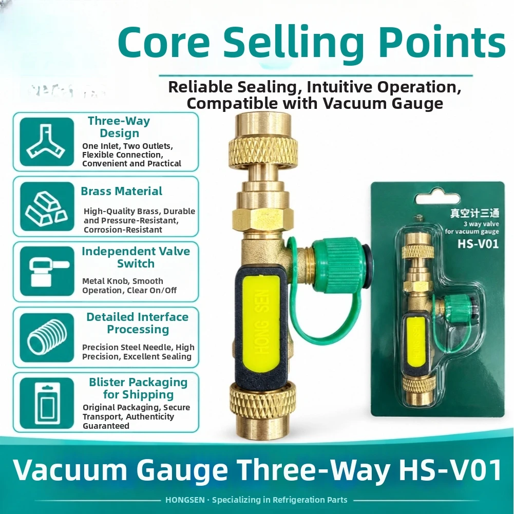 Brass Three-Way Valve Vacuum Gauge Vacuum Gauge Adapter For HVAC Refrigeration Manifold Gauge Vacuum System