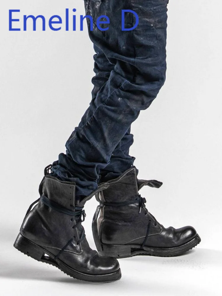 Double Layered Thick Soled Short Boots  Fashionable Straps Simple Round Toe Front Straps and Height Increasing Short Boots