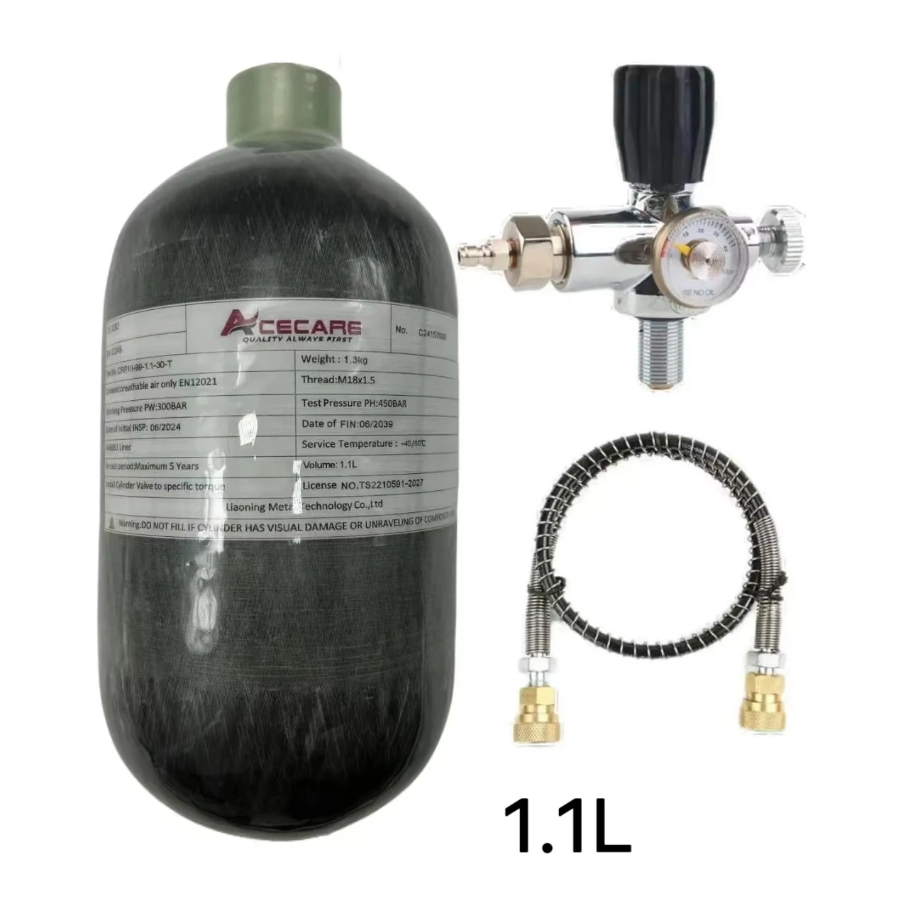 Acecare 4500Psi 300Bar 1.1L أسطوانة من ألياف الكربون مع صمام تنظيم خزان HPA زجاجة الضغط العالي الغوص M18 * 1.5