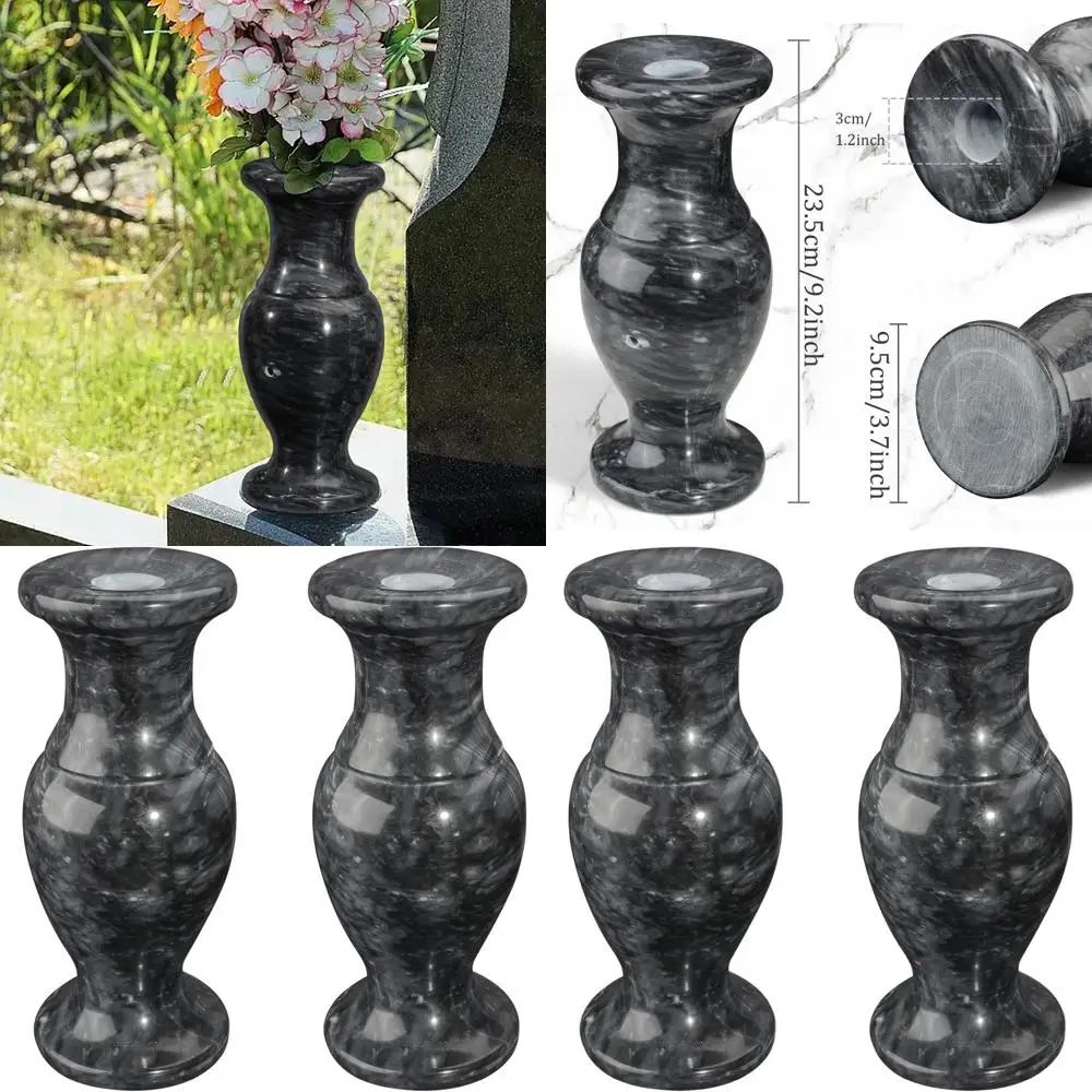 

Black Marble Cemetery Vases with Drainage, Set of 2 for Home and Grave Memorials, 9-inch Tall