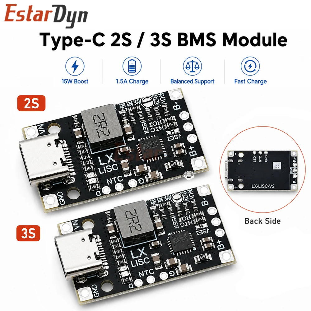 Estardyn Type-C 15W 2S/3S 8.4V 12.6V 1.5A Lithium Battery Balance Charging Boost Module BMS Fast Charge for DIY Battery Pack