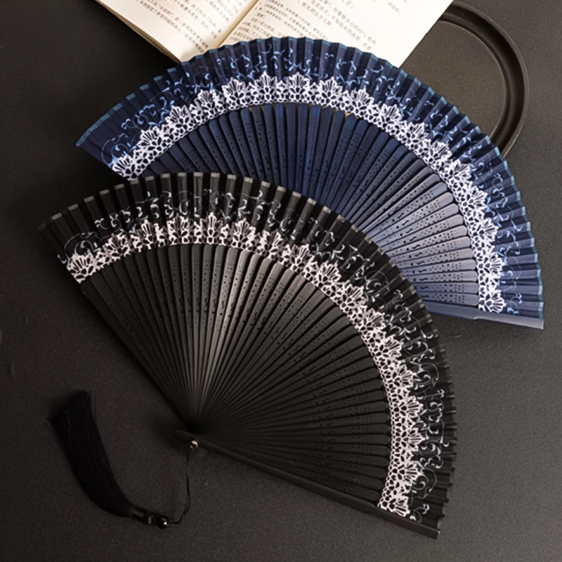 Women Chinese Style Printed Folding Fans with Tassels Dance Performance Props Party Show Accessories Art Craft Gift Elegant