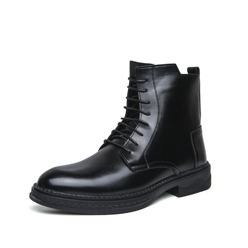 Men Leather Ankle Boots Side Zipper Lace Up Thick Sole Business Casual Boots Fashion Waterproof Non Slip Dress Boots For Male