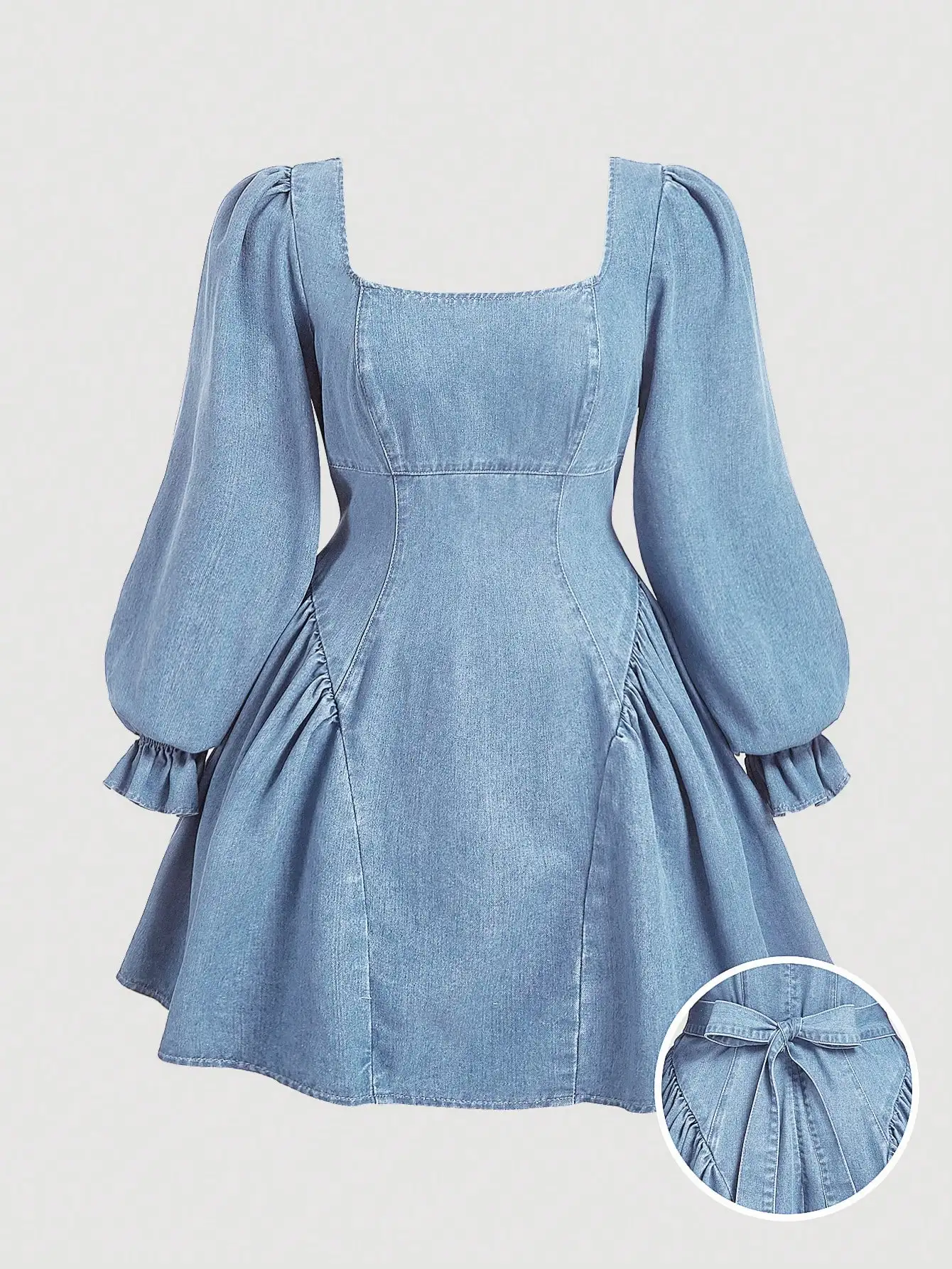 

Джинсовое мини-платье больших размеров с пышными рукавами и бантом, квадратный вырез, осенняя женская мода