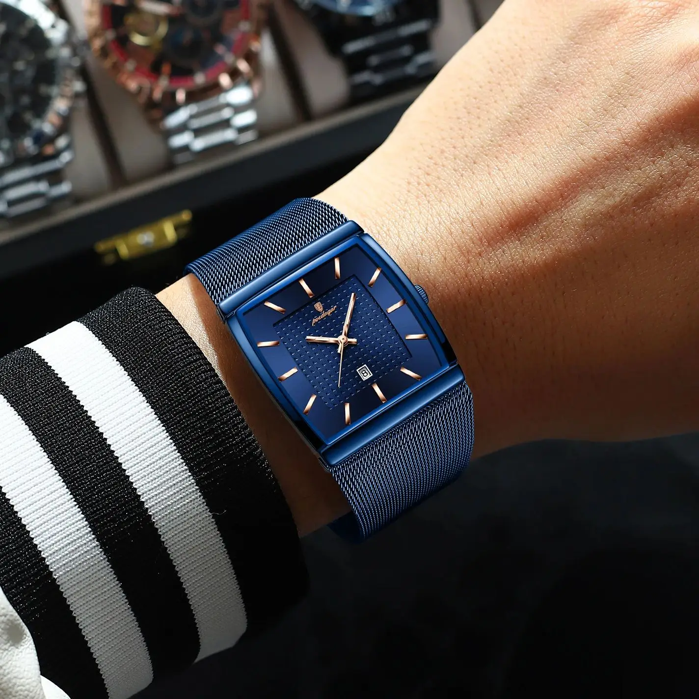 POEDAGAR ساعة يد رجالية فاخرة مقاومة للماء مضيئة شبكة من الاستانلس استيل ساعة رجالية تاريخ كوارتز ساعات عمل للرجال