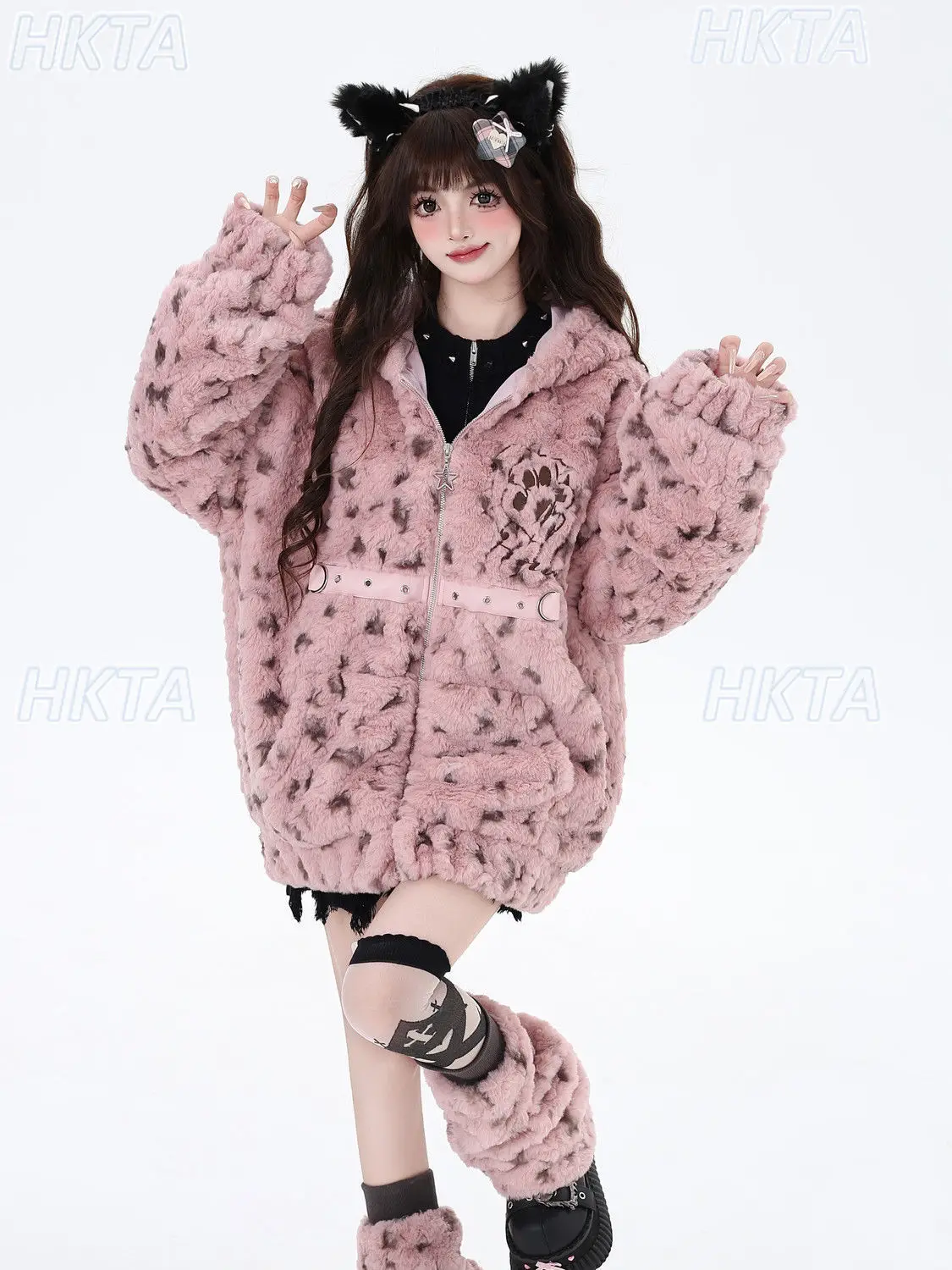 

Cartoon Leopard Print Plush Loose Woolen Jacket Tops Women Autumn Winter Sweet Warm Thickened Lamb Wool Hooded Coat for Ladies