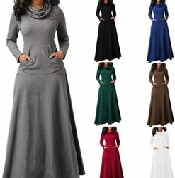 Women's Elegant Dress Autumn Winter Latest Splicing Solid Color Patchwork Pocket Large Swing High Collar Long Sleeves Maxi Dress