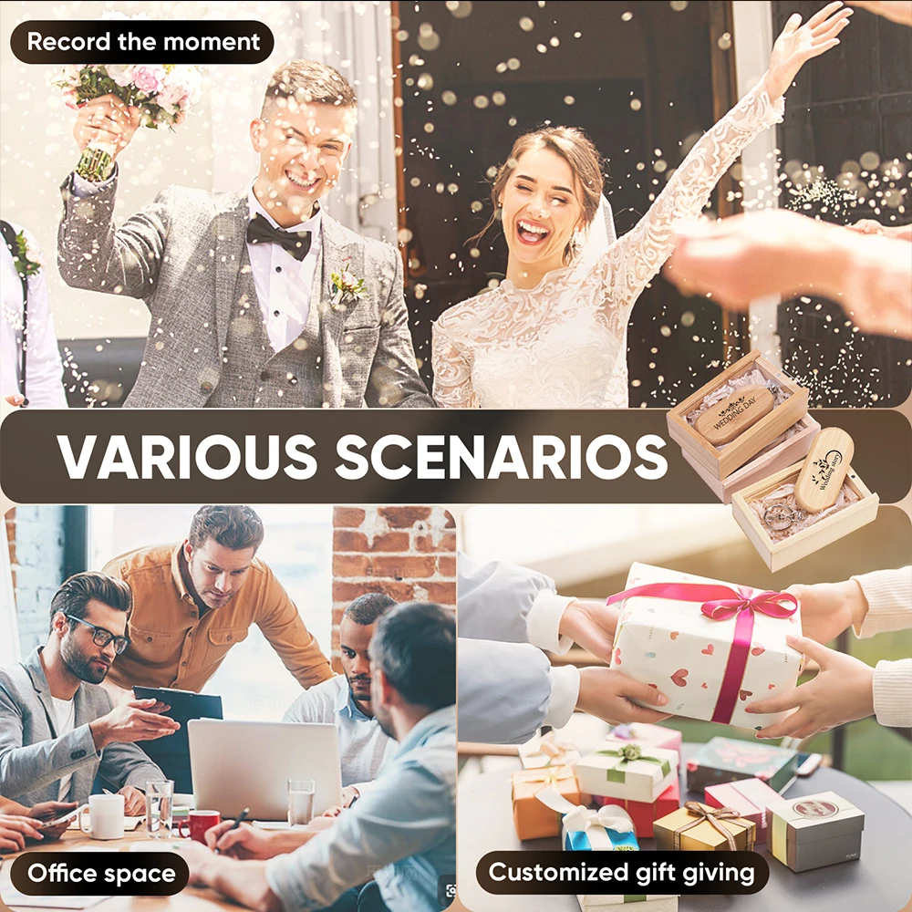 사진 스튜디오 나무 USB 플래시 드라이브 푸시 풀 박스 및 메모리 스틱, 무료 맞춤형 로고 펜 드라이브, 결혼 선물, 128GB, 64GB, 32GB