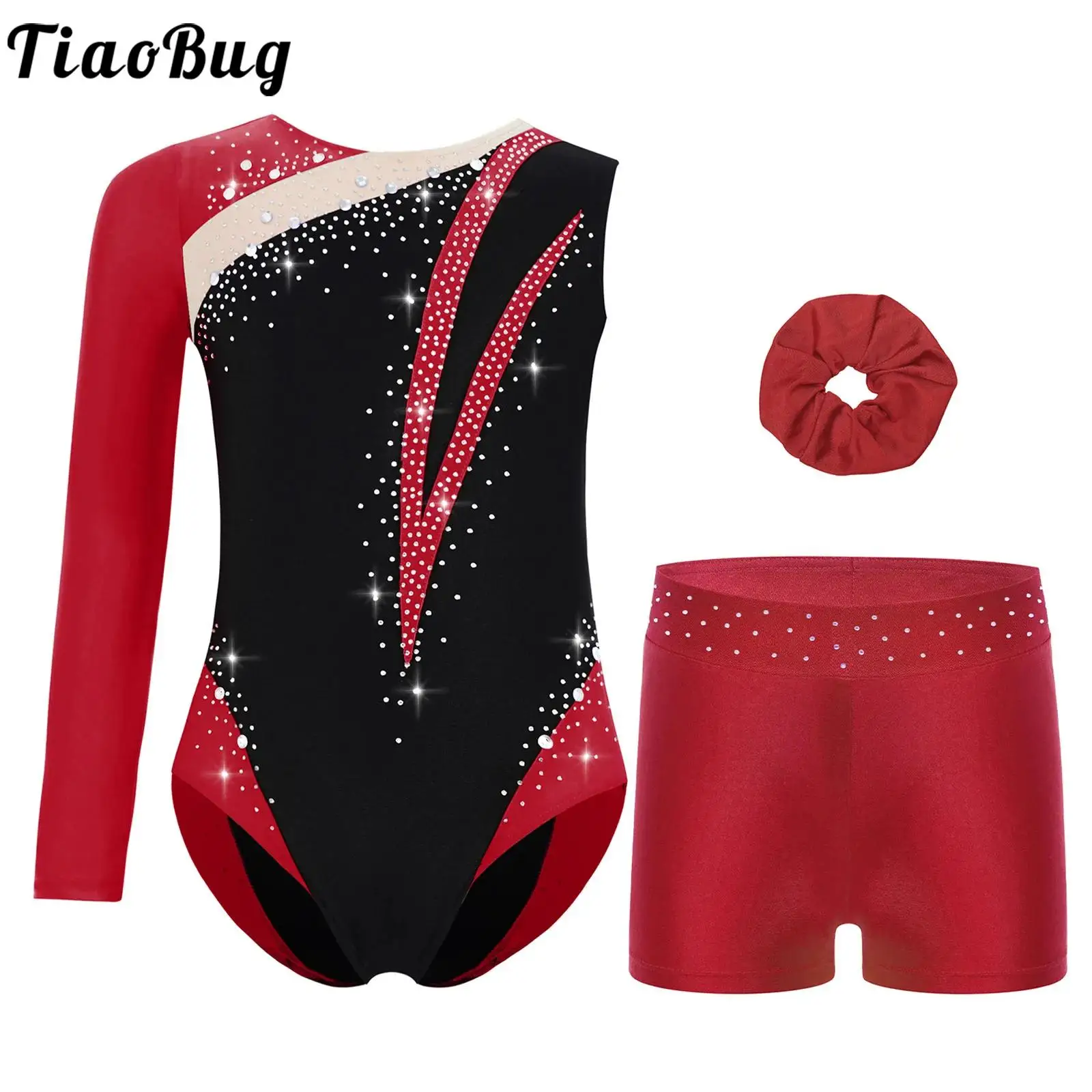 

Kids Girls Rhythmic Outfit Gymnastics Dance Figure Skating Costume Set Rhinestones Color Block Leotard with Shorts and Headwear