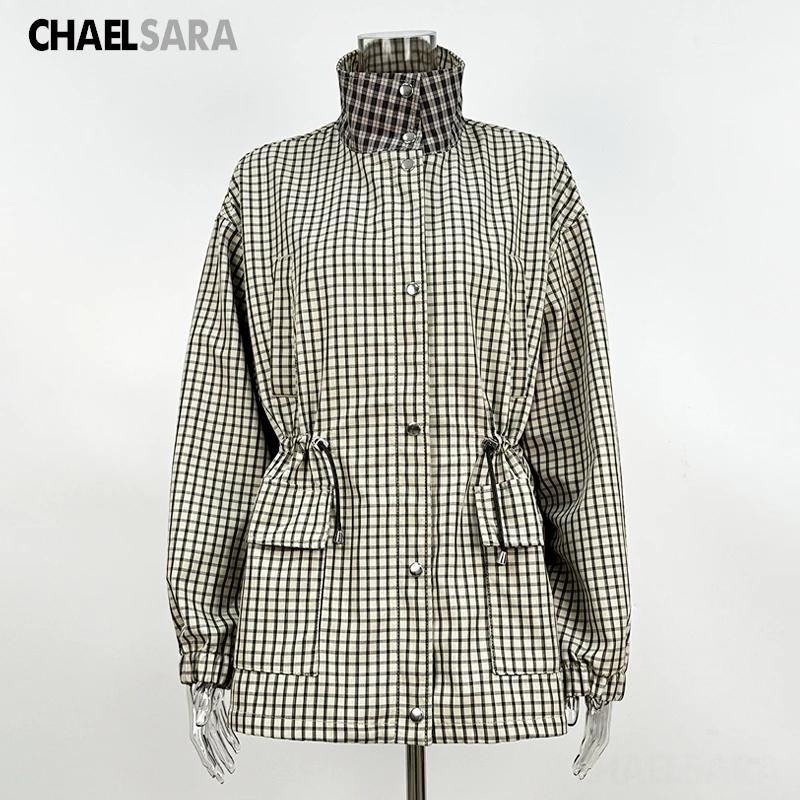 Women's Plaid Stand Collar Loose Jacket - Single Breasted Coat