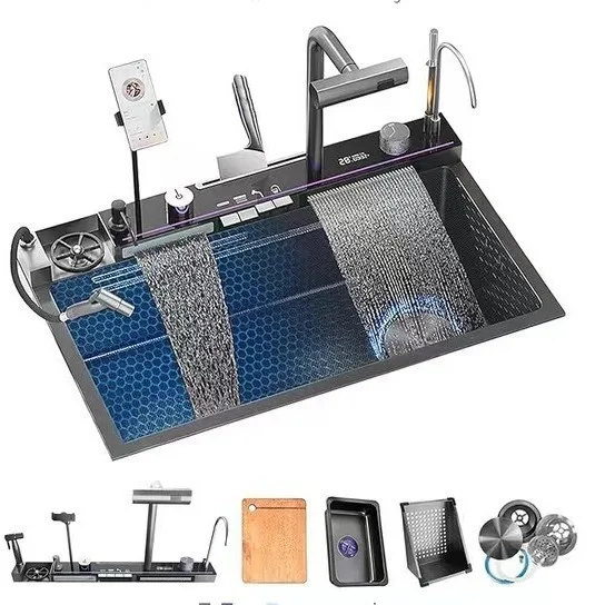 2025 New Design Rectangular Digital Display Smart Waterfall Multifunction Kitchen Sink Stainless Steel Kitchen Sink Set